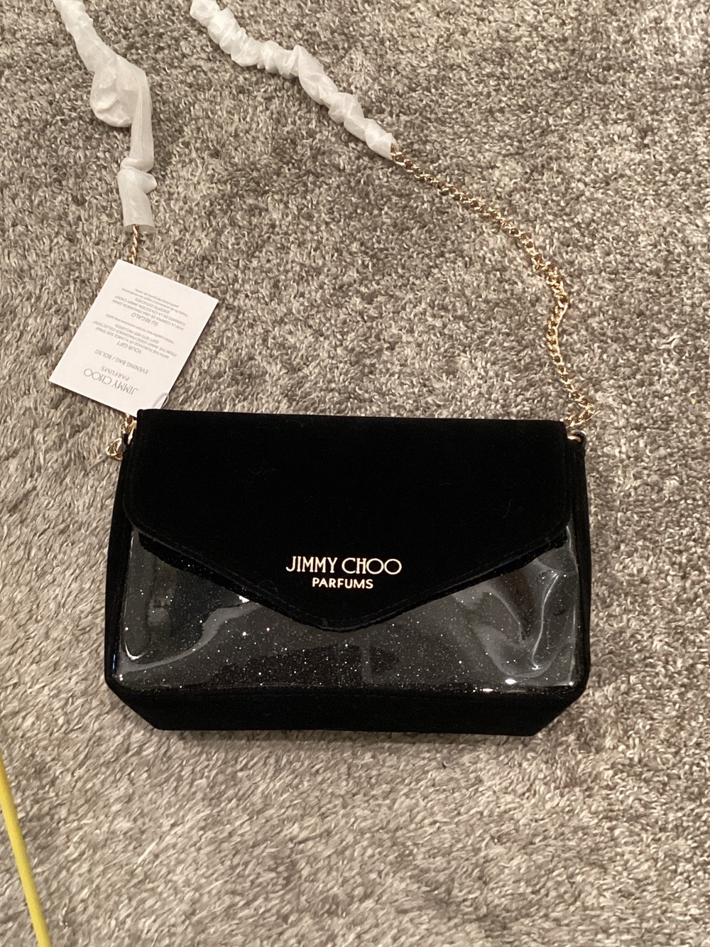 Jimmy Choo Black Velvet & Glitter Patent Crossbody Bag with Gold Chain